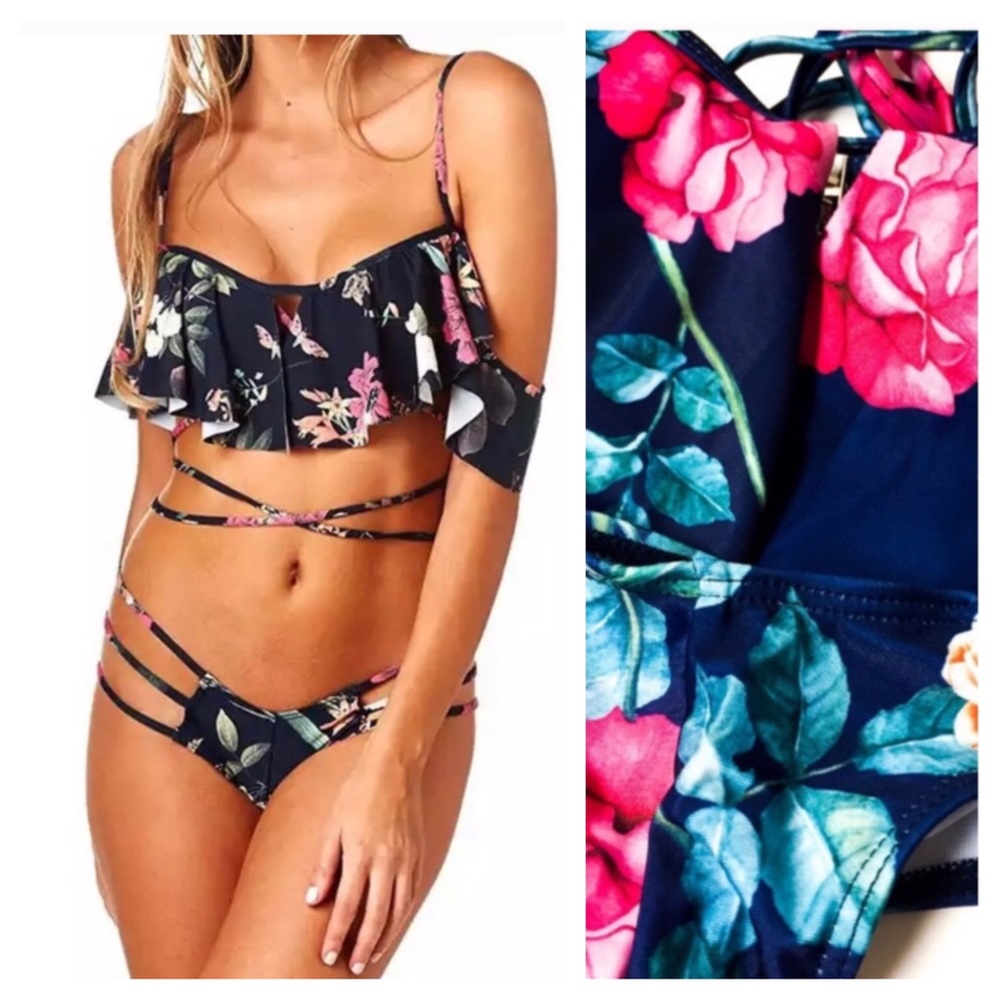 Floral Ruffle Off Shoulder Bikini